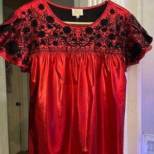 Leyerz Elegant Red Satin Blouse with Black Embroidery